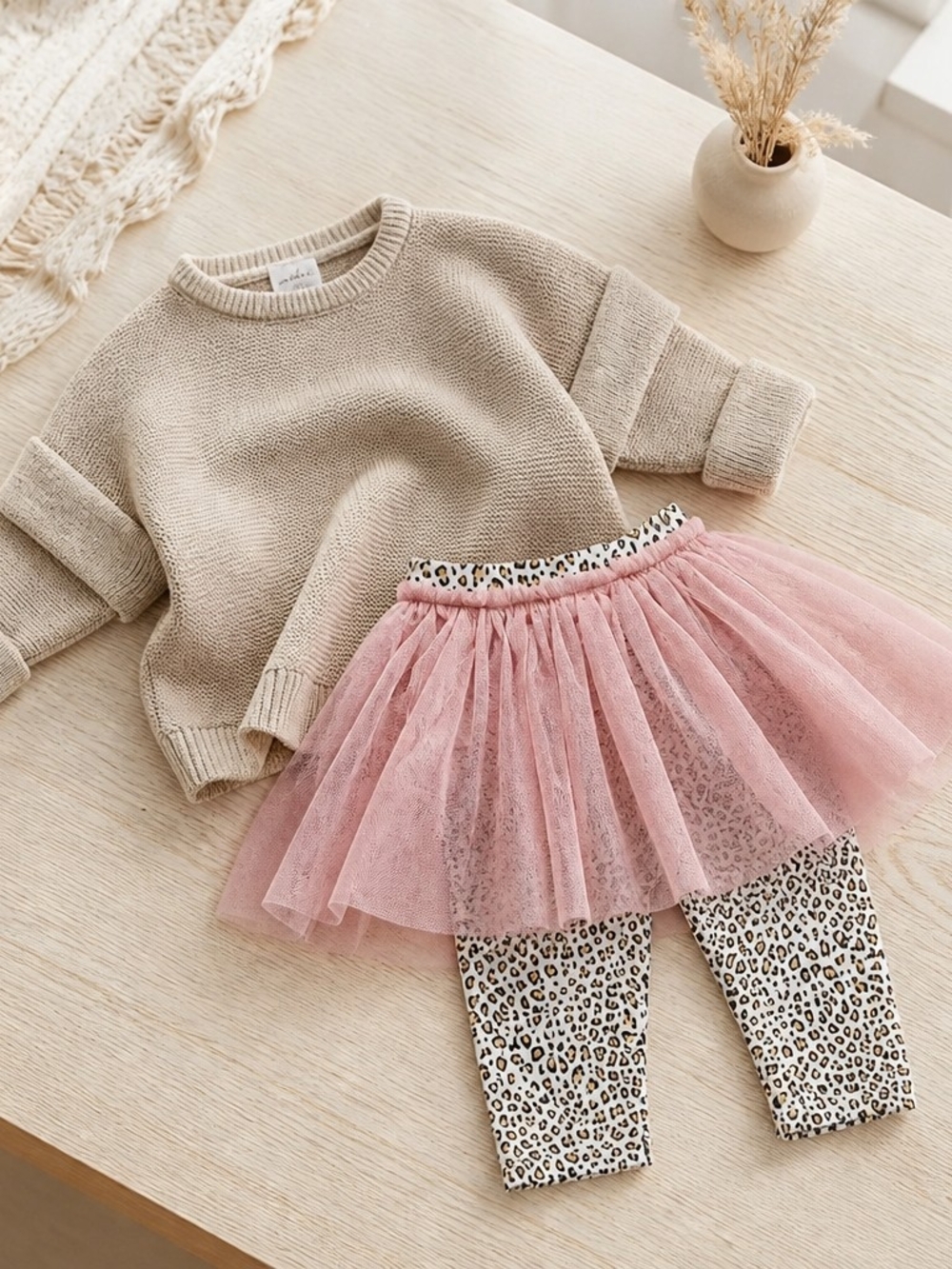 2 pcs Kids Matching Set - Beige Knit Sweater with Pink Tulle Skirt Leggings